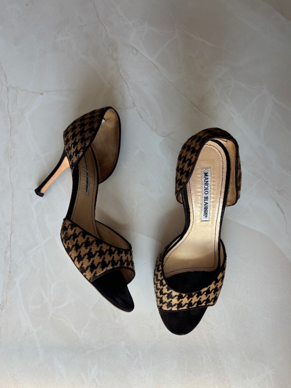 vintage Y2K Manolo Blahnik houndstooth calf hair d'orsay stiletto sandal